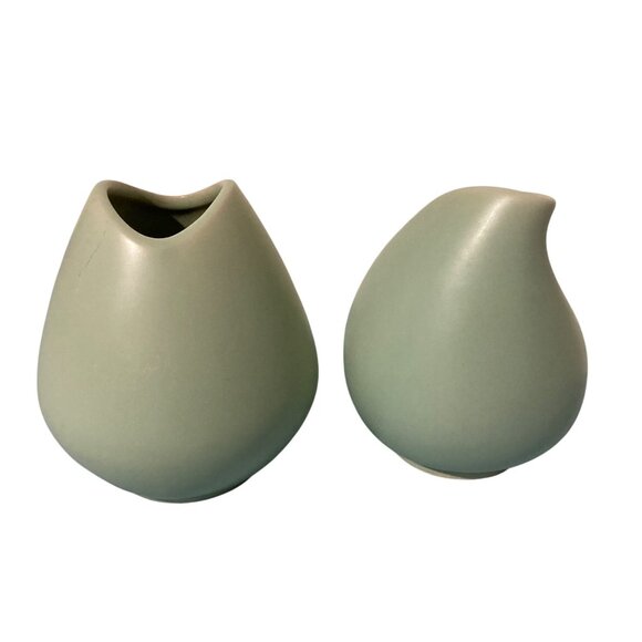 Matte Green Minimalist Pottery Ceramic Vases Vintage Set Of 2 - Picture 2 of 8